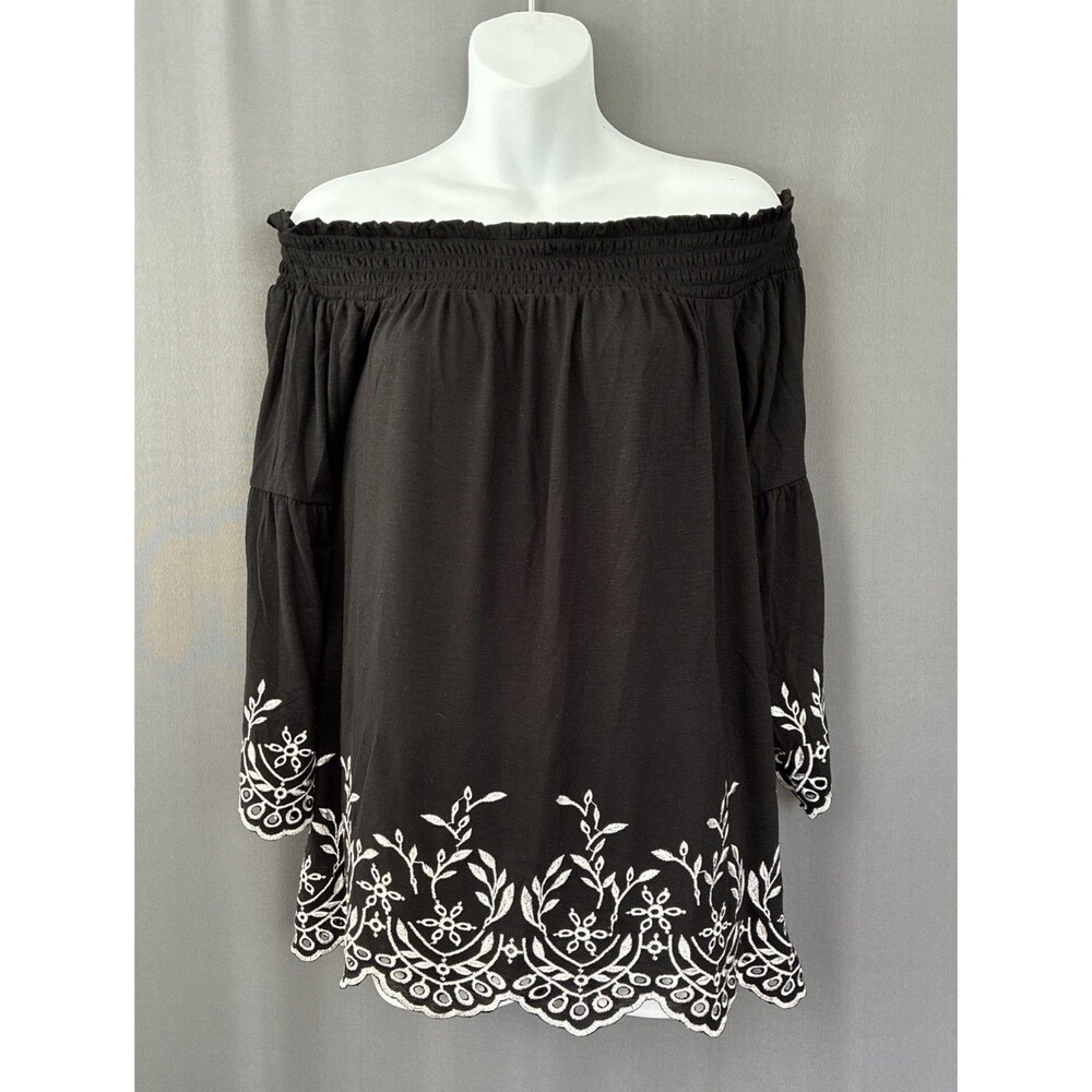 WHBM Embroidered Off Shoulder Peasant Top Sz M Black White Fairy Whimsigoth Boho